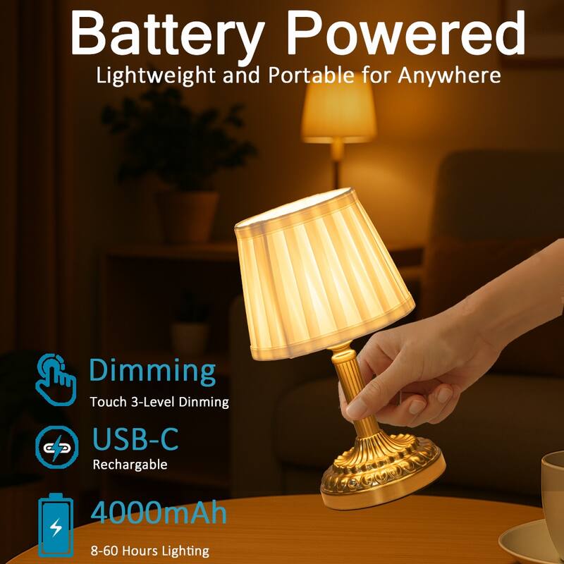 Brass Glam Cordless Fabric Shade Table Lamp Touch Control with 3 Way Classic Dimmable Rechargeable LED（2 Pack） - W6''