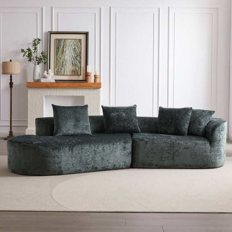 Curved Upholstered Loveseat Sofa Chenille Cloud Couch 4-Seater Chaise Lounge with 4 Throw Pillows for Living Room Recliner