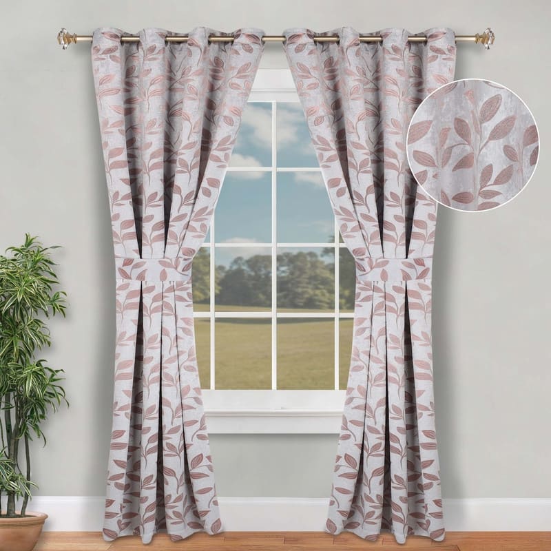 Superior Leaves Machine Washable Room Darkening Grommet With Ties Blackout Curtains, Set of 2