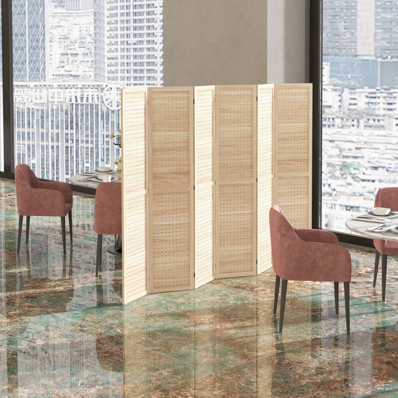 HOMCOM 6 Panel Room Divider, 5.6' Tall Indoor Portable Wood Folding Privacy Screen with Hook Holes