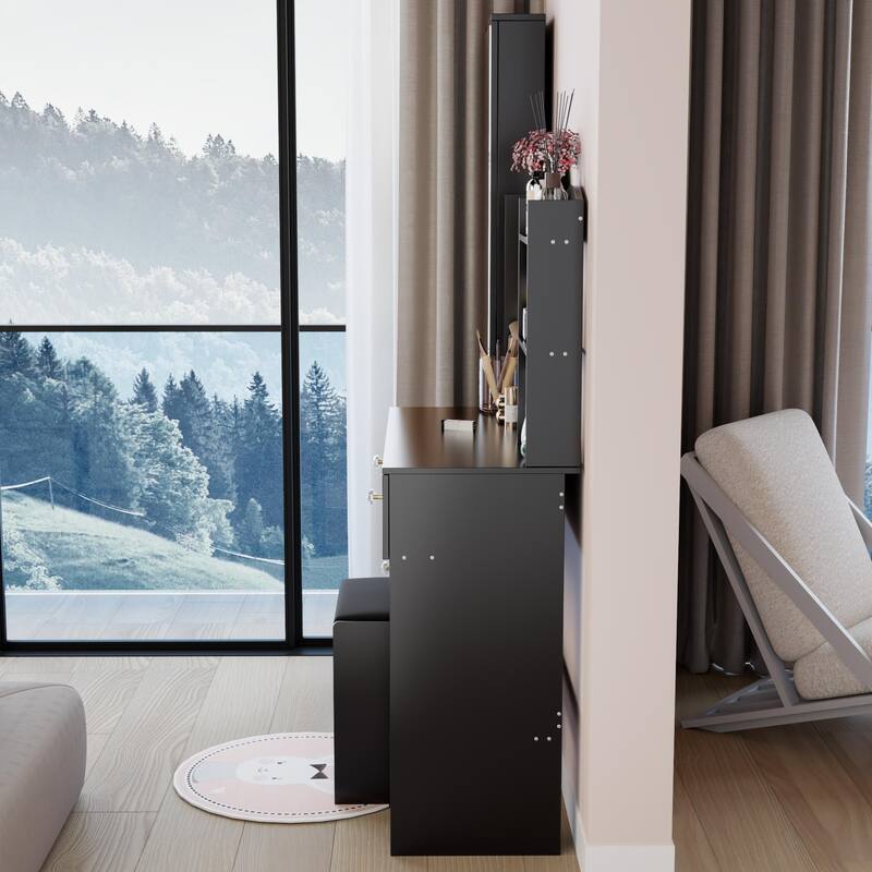 Round Mirror LED Vanity Table, Touch Control Makeup Cabinet, Vanity Set with Full Body Mirror Cabinet & Cushioned Stool
