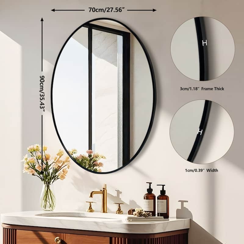 Black Oval Mirror for Bathroom Aluminium Alloy Frame Wall Mount Mirror