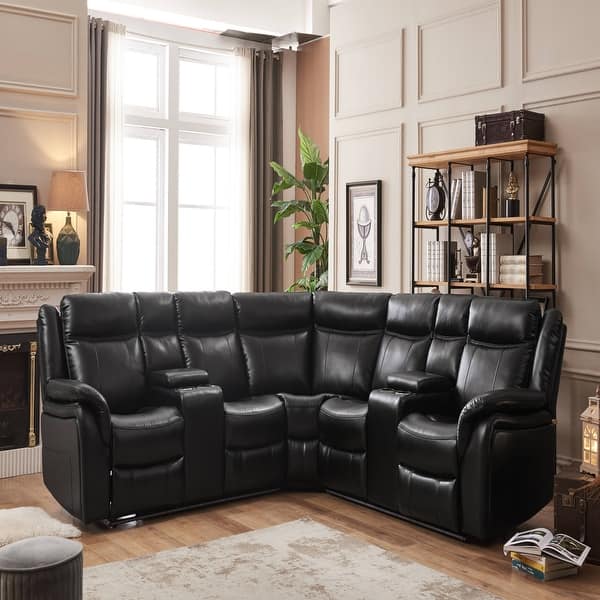 Leather Recliner Corner Sofa with USD Port/LED Light/Bluetooth Speaker