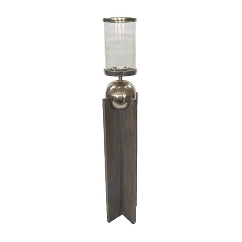 Candle Holder - Gray Wood Pillar with Metal Sphere