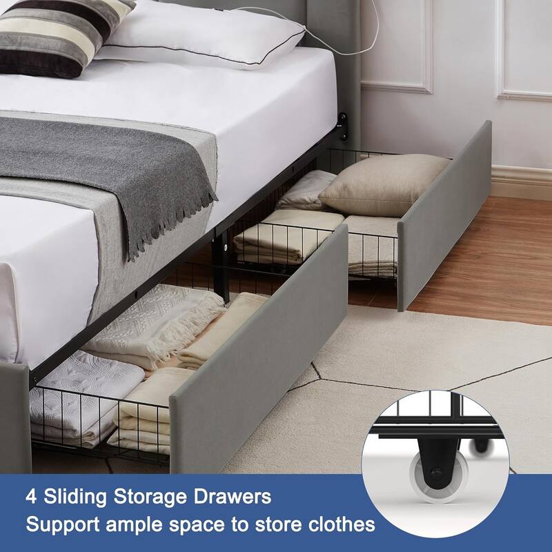 VECELO Upholstered Storage Bed Frame with 2 Side USB Ports and 4 Big Space Drawers, Velvet Headboard and Charging Station-Ports