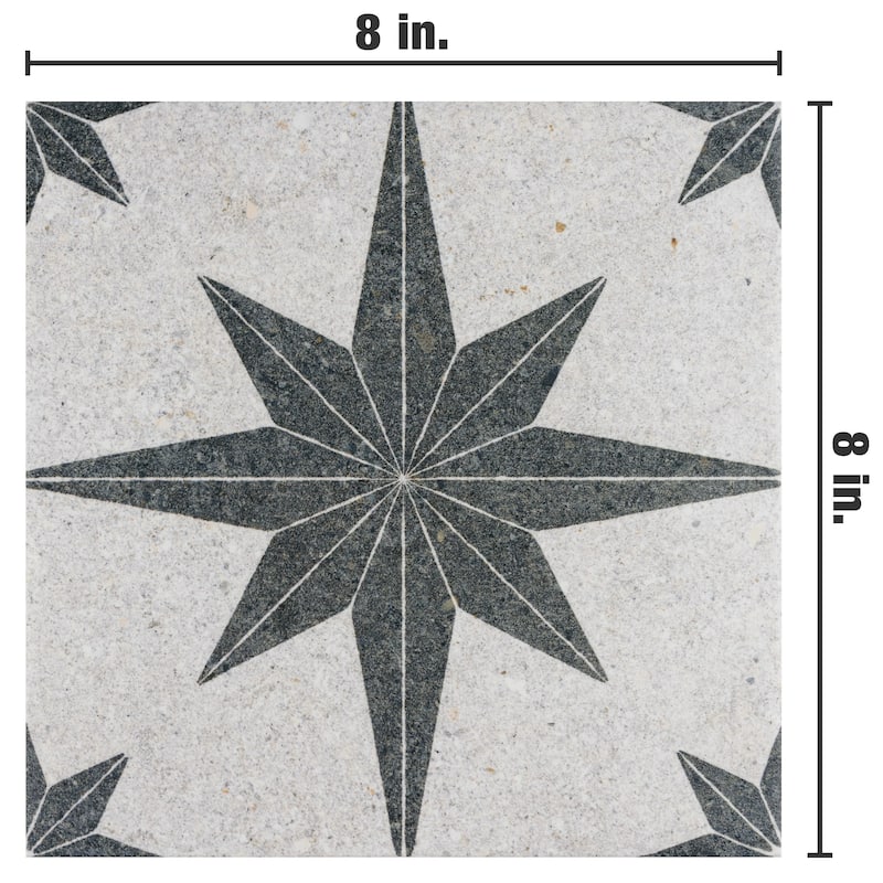 Merola Tile Compass Star White Stone 8" x 8" Porcelain Floor and Wall Tile