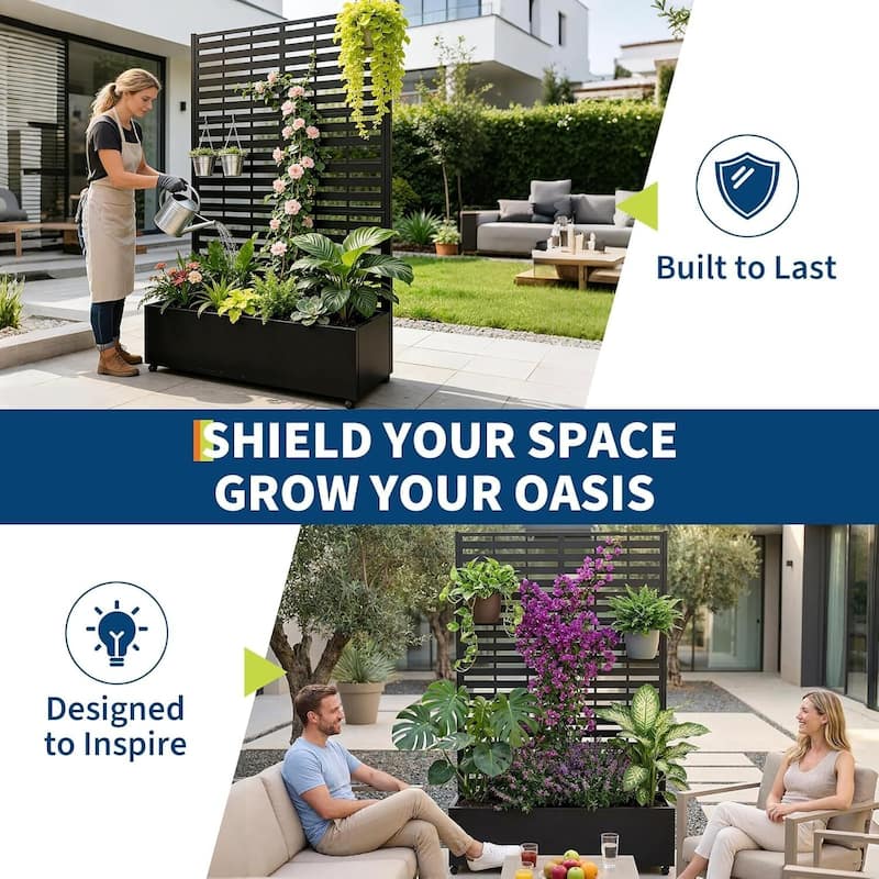 72"*47"*16" Raised Garden Bed with Trellis, Planter Box with Privacy Screen, Wheels for Climbing Plants