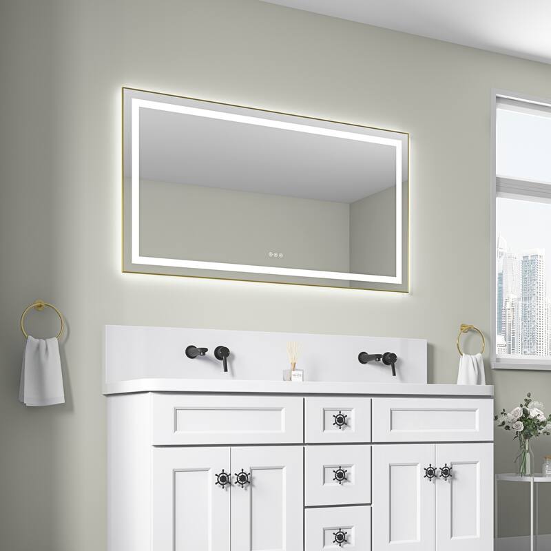 55 x 30 Inch LED Bathroom Mirror with Front and Backlight, Wall Mounted Vanity Mirror with Aluminum Frame, Anti-Fog - Brushed Gold