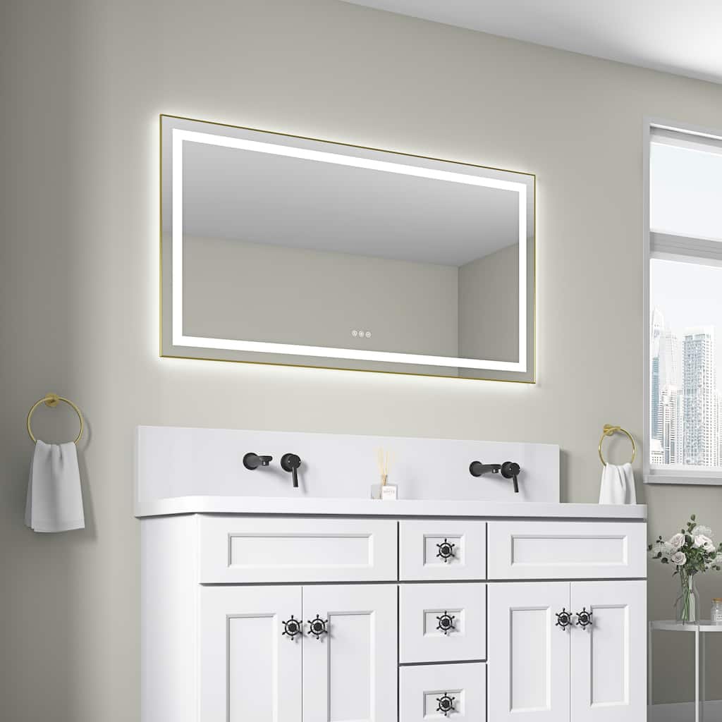 55 x 30 Inch LED Bathroom Mirror with Front and Backlight, Wall Mounted Vanity Mirror with Aluminum Frame, Anti-Fog