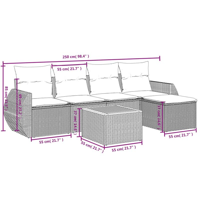 vidaXL 6 Piece Patio Sofa Set with Cushions Black Poly Rattan - 21.7" x 24.4" x 27.2"