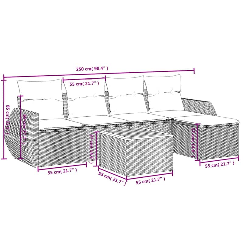 vidaXL Patio Sofa Set with Cushions Outdoor Furniture 6 Piece Poly Rattan - 21.7 x 24.4 x 27.2