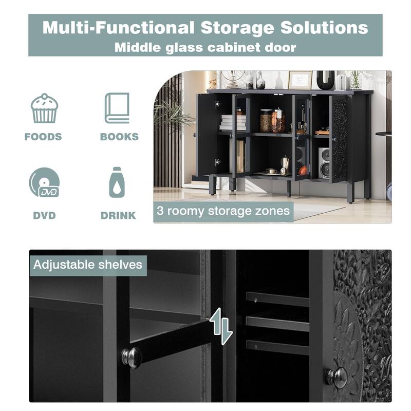 TV Stand with Glass Cabinet Doors, Entertainment Center with Adjustable Shelves, Media Console with Rectangular Legs