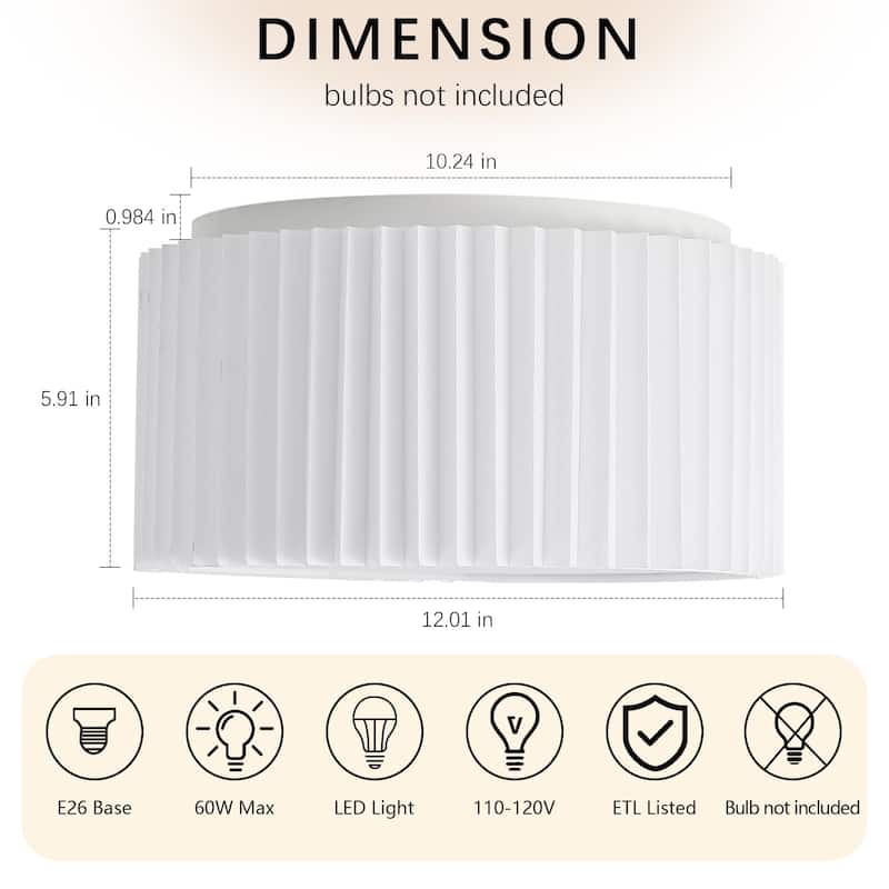 2-Light Modern Fabric Flush Mount Ceiling Light with Pleated Drum Shade - White