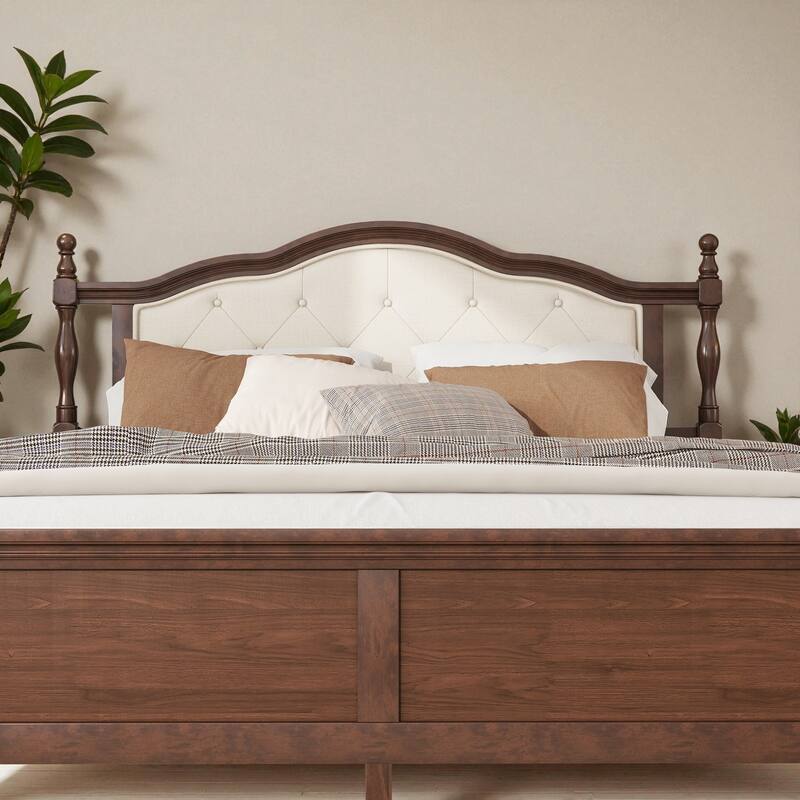 Queen Size Pine Wood Bed with Upholstered Headboard and Panel Footboard, Solid Frame with Central Support and Under-Bed Storage