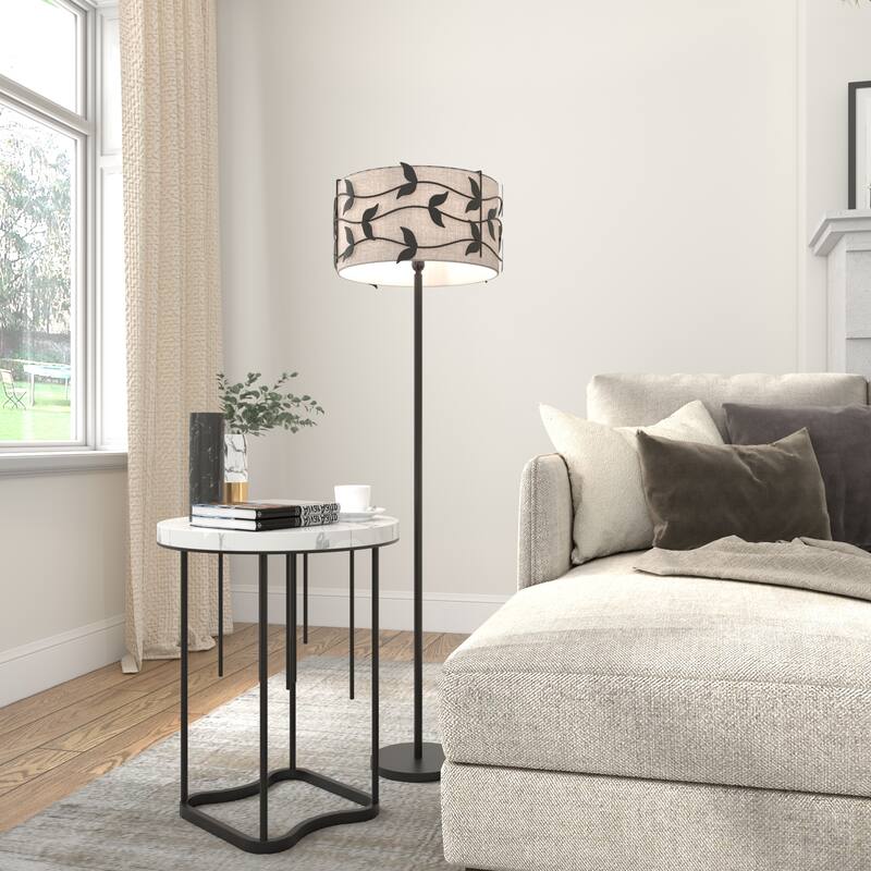 Acroma Black/Gold Leaf-Accent Fabric Shade Floor Lamp