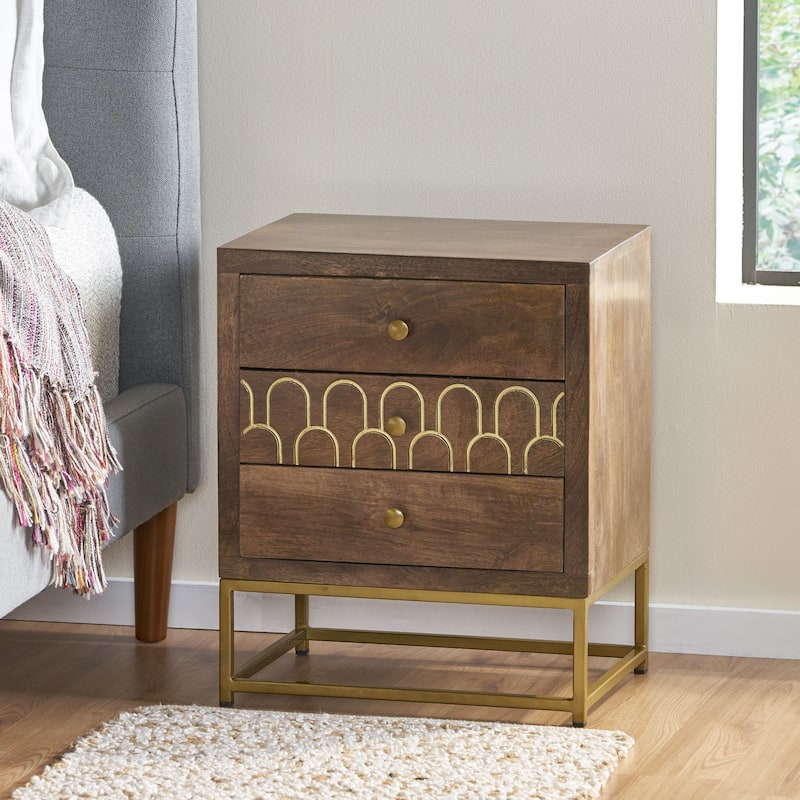 Contemporary Mango Wood Nightstand, Mid-Century Modern Design, Gold Accents, Durable Iron Frame, 3 Drawers