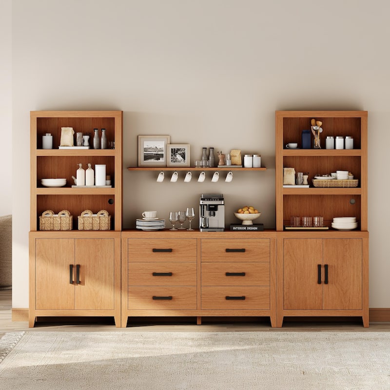 WAMPAT Farmhouse Entertainment Center with Bookshelves, Modular TV Stand with Storage Drawers