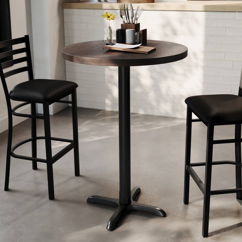 Round Solid Wood Commercial Tabletop with 22" x 22" Bar Height X-Base - 30"W x 30"D x 43.5"H