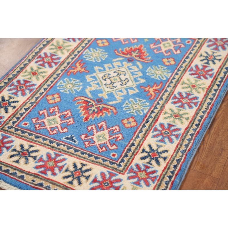 Blue Geometric Kazak Rug Hand-Knotted Oriental Wool Carpet - 2'0" x 2'11"