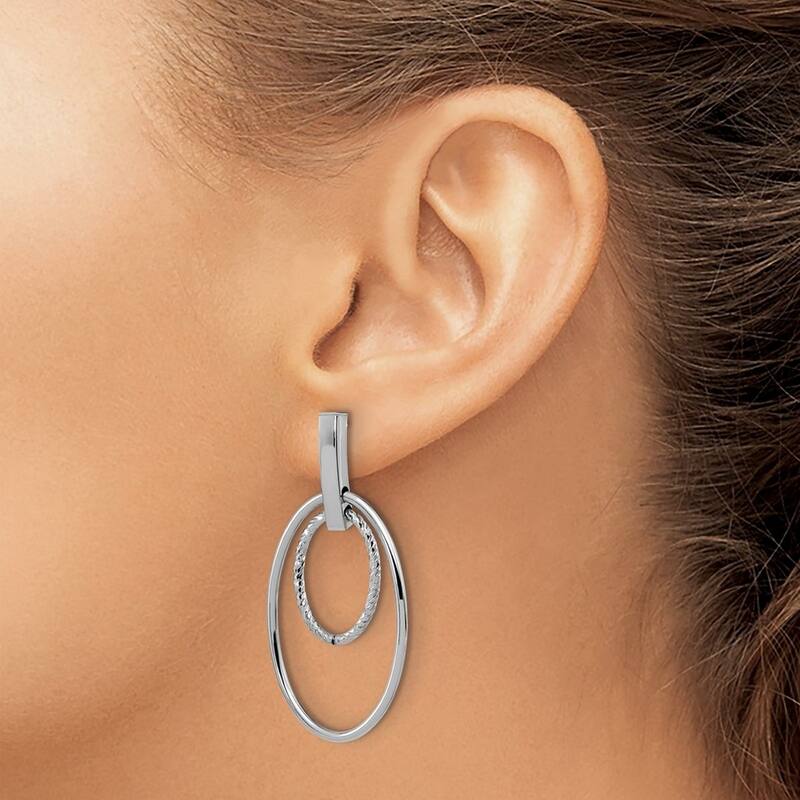 Curata 14k White Gold Polished and Textured Ovals Long Drop Dangle Post Earrings 44x22mm