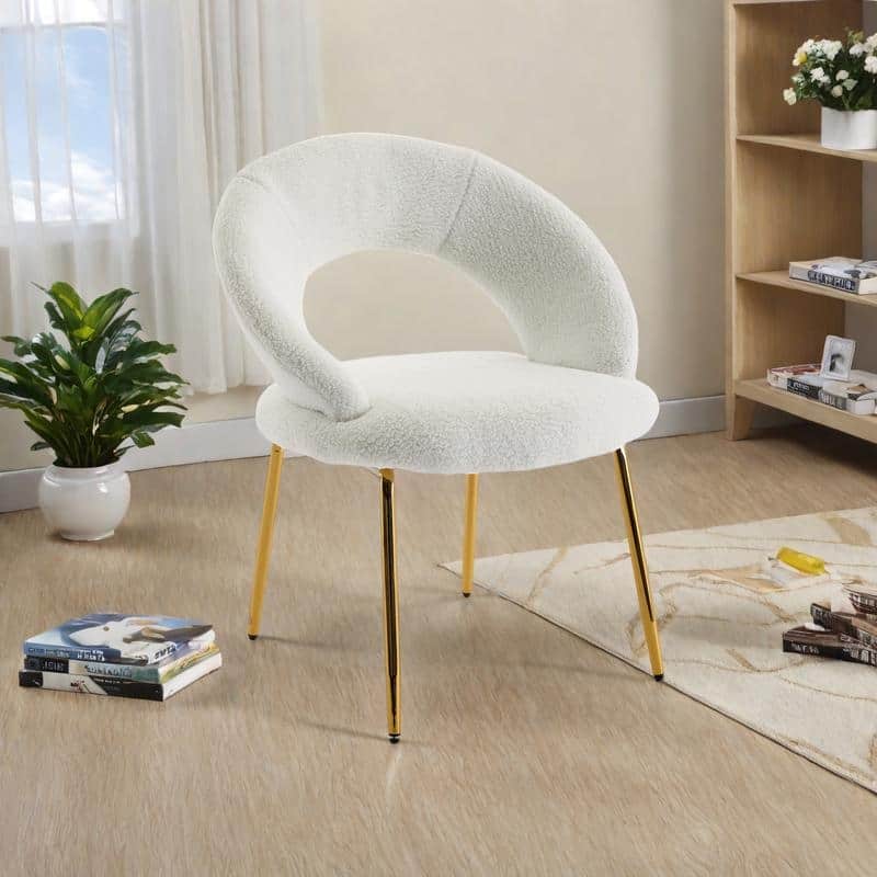 Teddy Fabric Dining Accent Chairs with Curved Backrest and Gold Metal Legs - 250lb Capacity - White