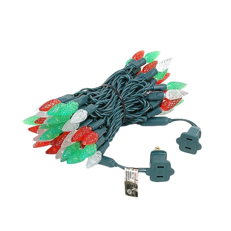 70 Light C6 LED Christmas Mini Light Set, Red/Green/Pure White, Green Wire, 24' - Large