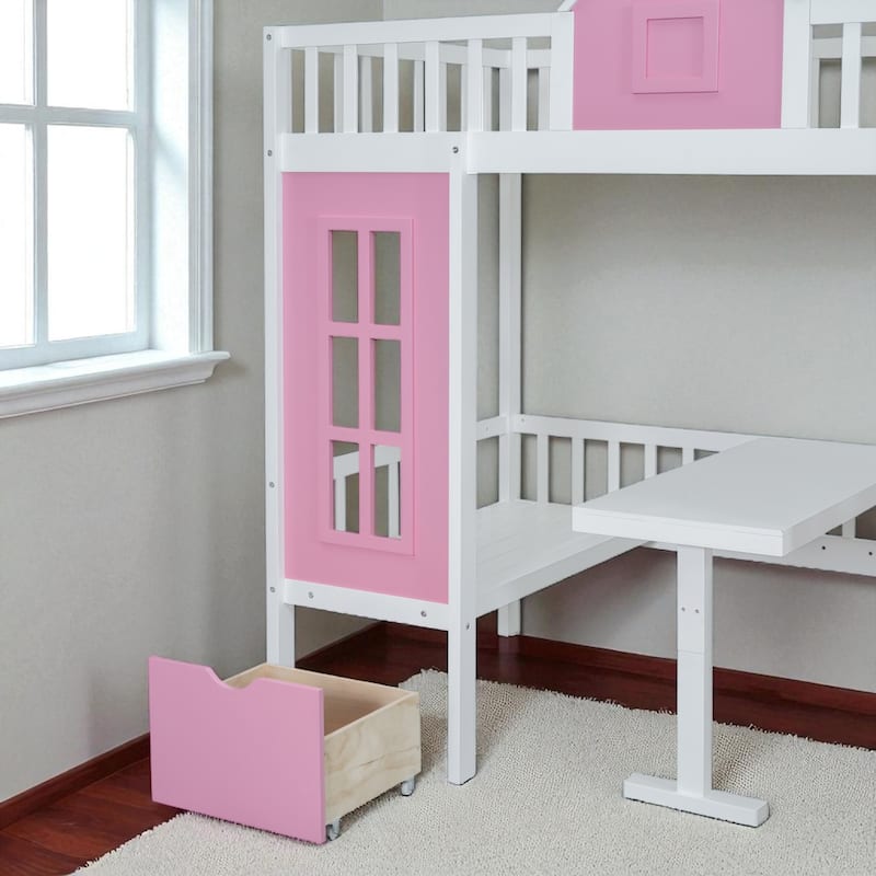 Twin Over Twin Bunk Bed with Convertible Desk, Wood Loft Frame with Fence Headboard, No Box Spring Needed