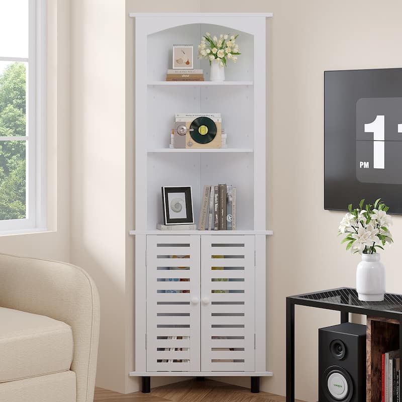 VECELO 68.5" Tall Triangle Corner Bookcase with Adjustable Open Shelves Magnetic Shutter Doors Storage Cabinet for Living Room - White