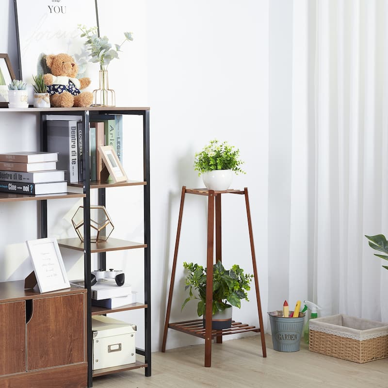 2 Tiers Potted Bamboo Flowers Stand Corner Plant Rack
