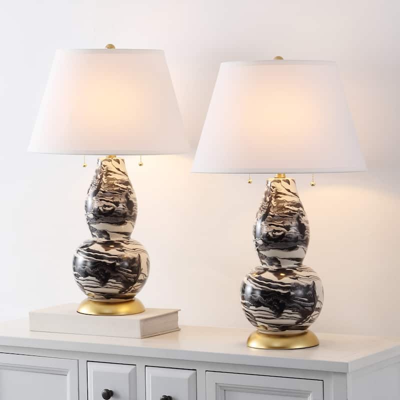 SAFAVIEH Lighting Sebrina 29-inch Navy And White Color Swirls Glass Table Lamp (Set of 2) - 17"x17"x28" - 17Wx17Dx28H