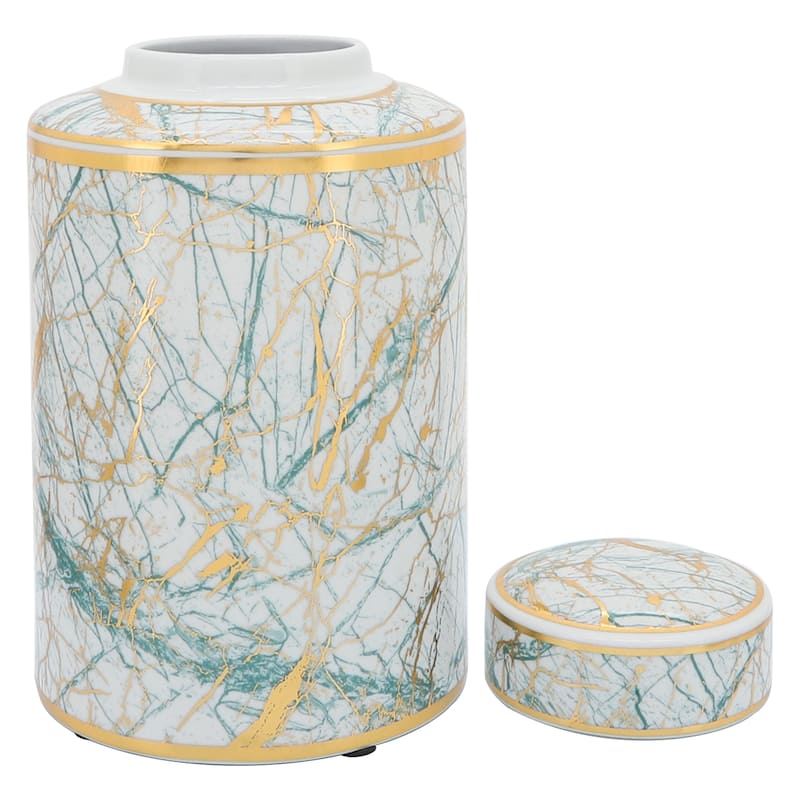 12" Ceramic Jar with Lid Contemporary Decorative Glassware in White, Green and Gold Storage Canister Decor - - 8" x 8" x 12"