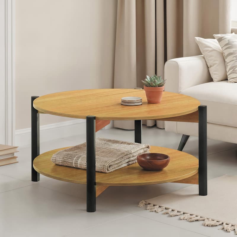 Furniture of America Rovion Round Wood Coffee Table with Open Bottom Shelf - Oak