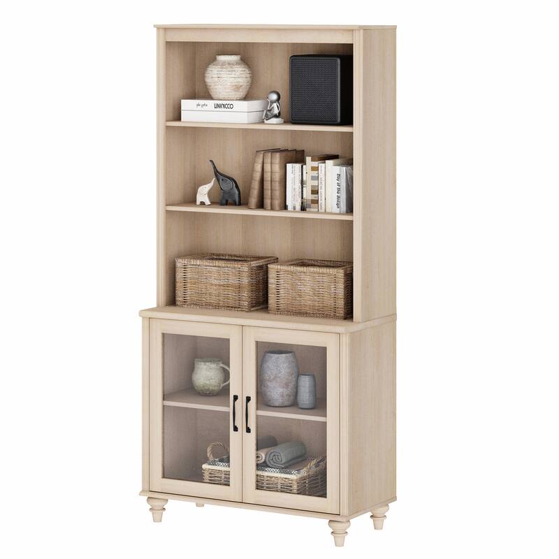 Light Beige Bookcase with Doors, Large Wood Farmhouse Book Case Shelf