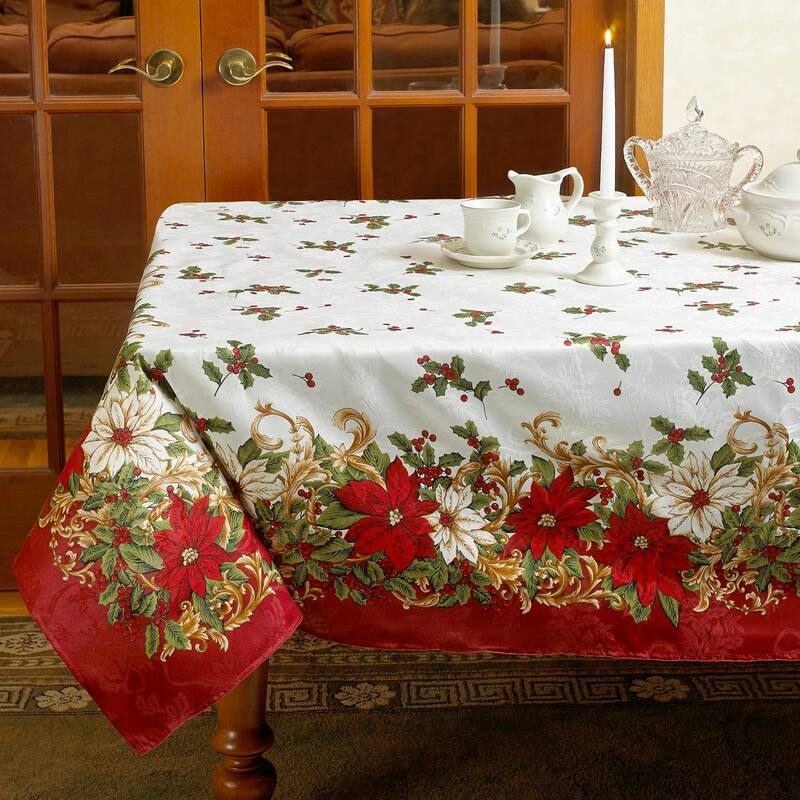 Violet Linen Blossom Christmas Poinsettia & Holly Berry Tablecloth
