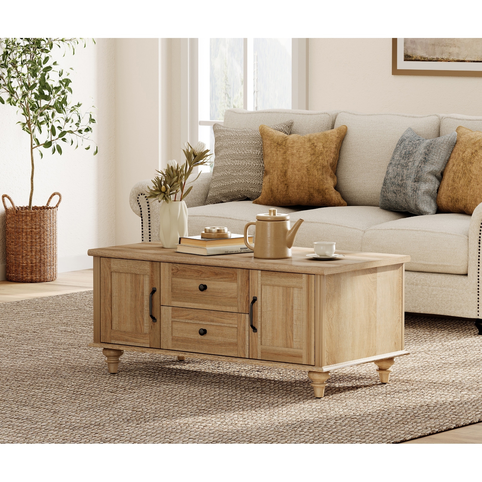 Farmhouse Coffee Table with Cabinets & Drawers, Wooden Center Table