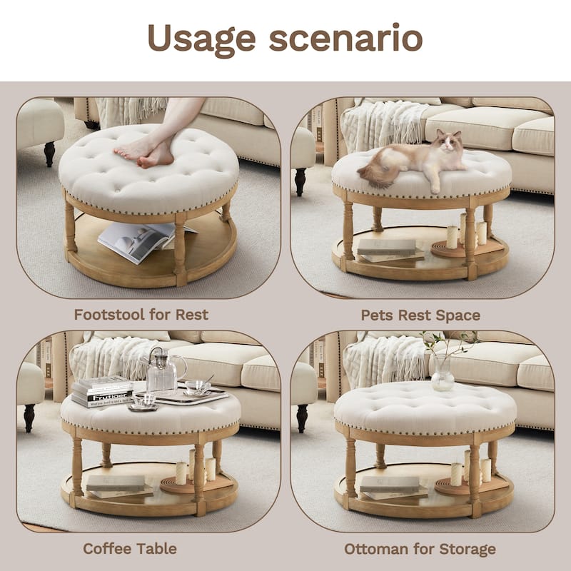 HUIMO 33in Round Upholstered Solid Wood Ottoman Coffee Table with Storage Shelf