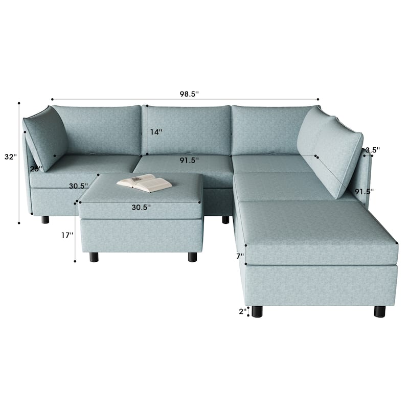 Blue 68'' L-Shaped 6-Seat Modular Sectional Sofa with Storage, Convertible Ottoman, High-Density Foam, and Pocket Springs