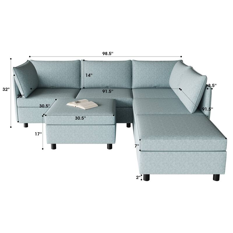 Blue 68'' L-Shaped 6-Seater Sofa with Storage and Ottoman