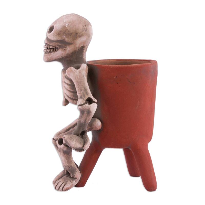 Handmade Lord Of The Dead Ceramic Statuette (Mexico) - 7" H x 4.3" W x 5" D