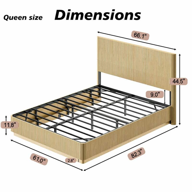 Queen Size Bed Frame with LED Lights, Modern Wooden Bed with Curved Corrugated Panels and Groove Design