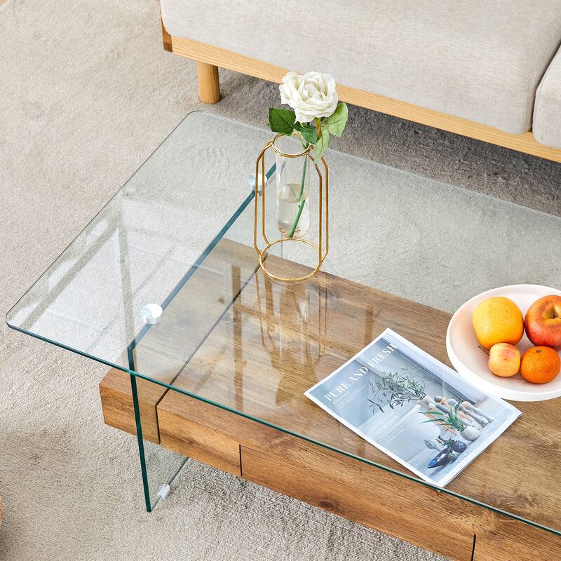 Modern Two-Tier Coffee Table-Clear Tempered Glass And White Marble Texture,Multifunctional Storage Design,A Drawer