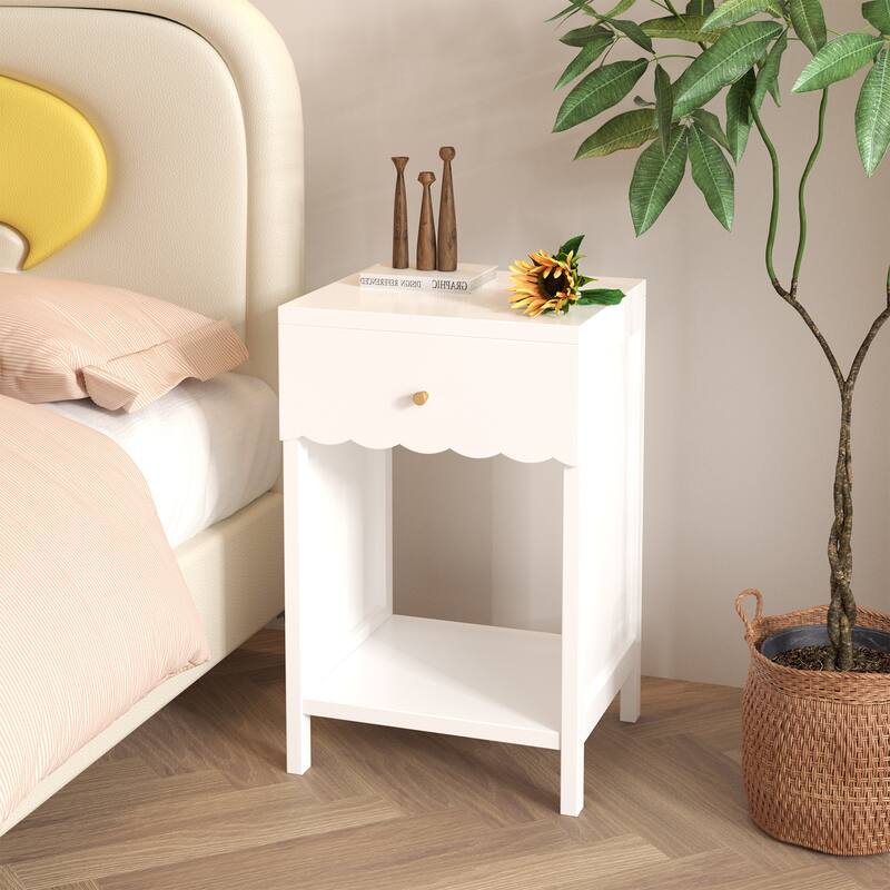 Anmytek Scalloped Edge Bedside Table Modern Storage Nightstand with Drawer Open Shelf
