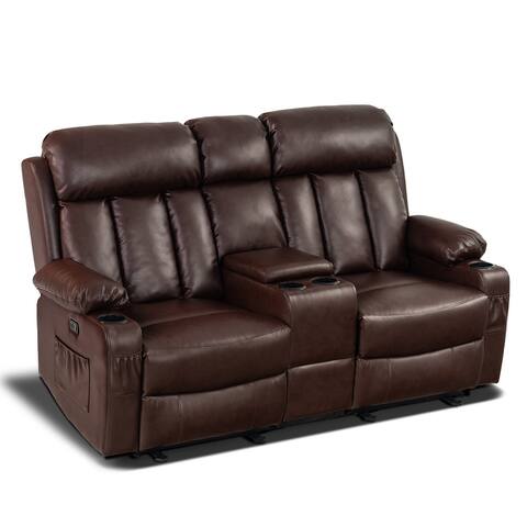 Mcombo Electric Power Loveseat Recliner with Heat & Massage, Cup Holders, USB Charge Port for Living Room 6095/6075 Faux Leather