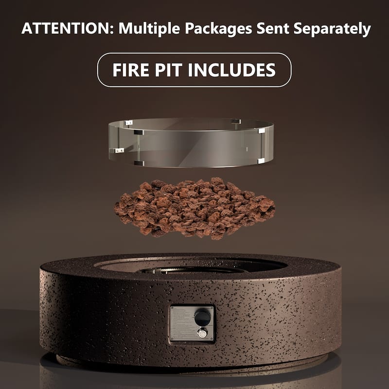 COSIEST Ecru Round Outdoor Propane Fire Pit with Wind Guard