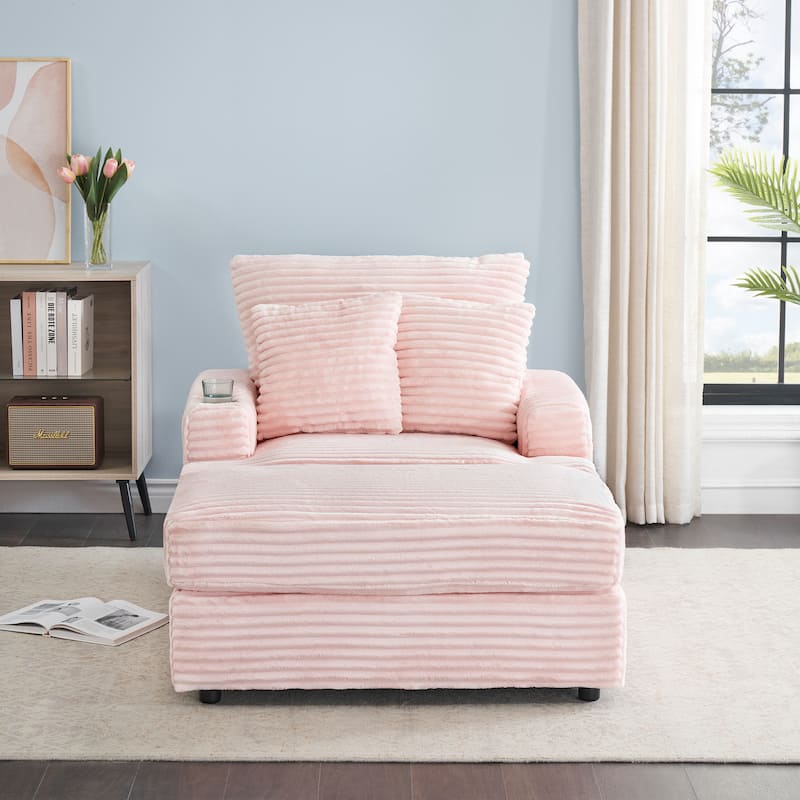 39-inch Pink Corduroy 1-Seater Spring Upholstered Armchair and Ottoman Set with Cup Holder - Multi-Color
