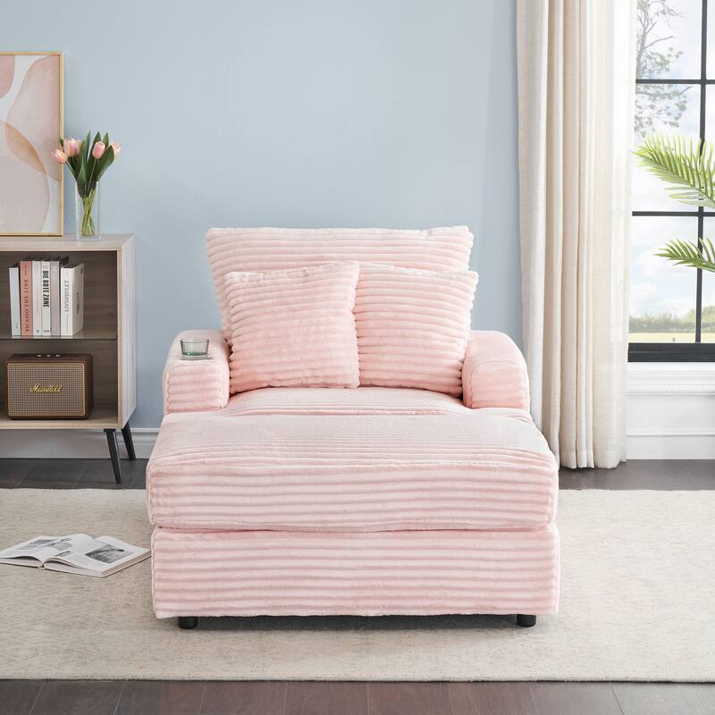 Pink 39.37" Corduroy Upholstered Single Armchair Sofa with Ottoman and Cup Holder for Lving Room - Pink
