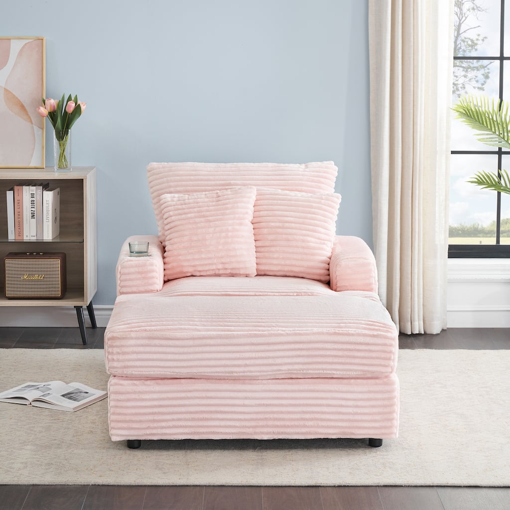 Pink 39.37" Corduroy Upholstered Single Armchair Sofa with Ottoman and Cup Holder for Lving Room