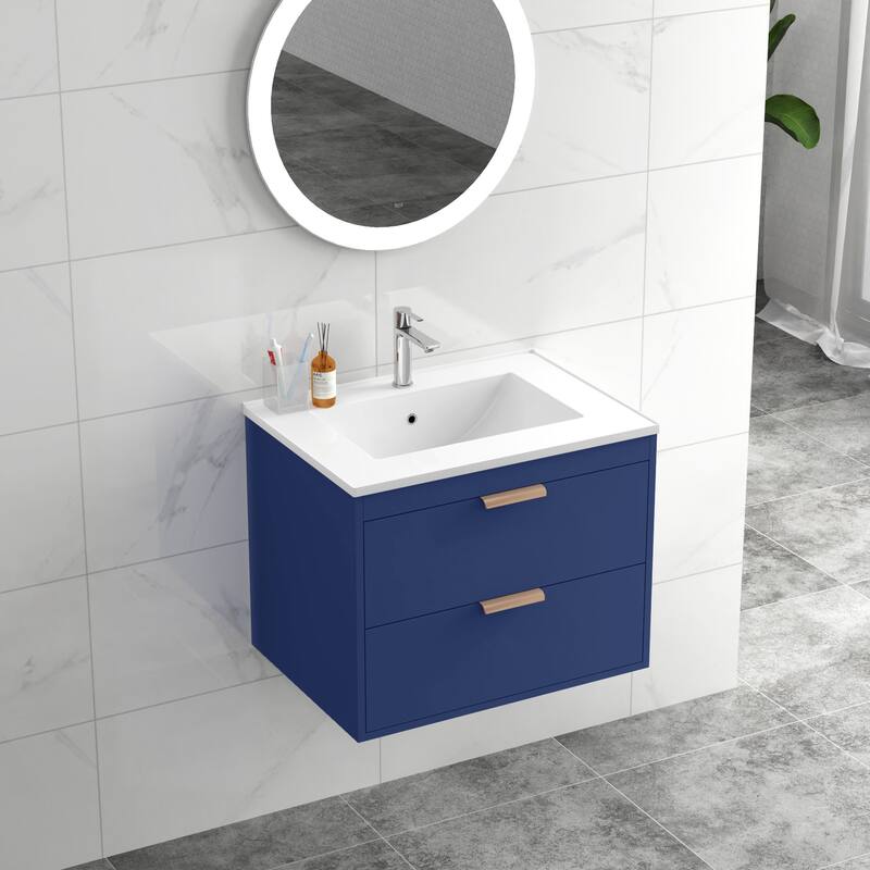 24" Floating Wall Mounted Bathroom Vanity With White Ceramic Sink And Drawer Storage