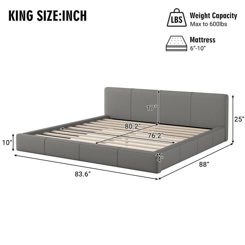 Modern Faux Leather Platform Bed Upholstered Grounded Bed Frame with Headboard, Low Profile Bed for Adults, No Box Spring Needed