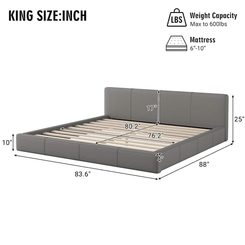 Full / Queen / King Stylish Gray Upholstered Bed with Faux Leather and Solid Wood Frame